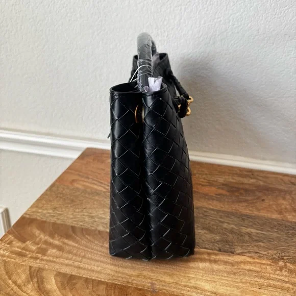 LEATHER INSIDE & OUTBlack Large Intrecciato Woven Braided Tote Structured Bag
